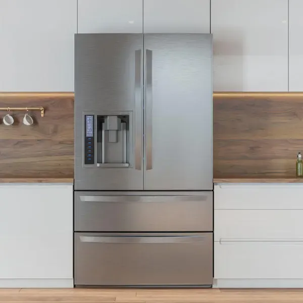 A stainless French door refrigerator