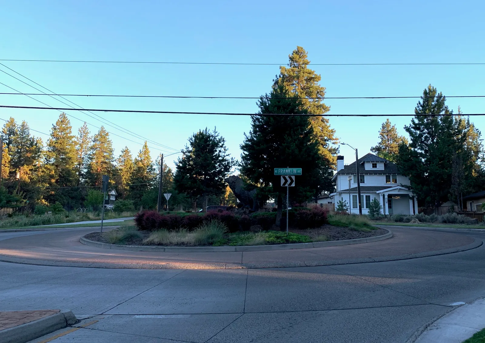 The bear roundabout on NE Franklin Avenue in Bend, with ponderosa pines, a craftsman house and smooth pavement at sunset