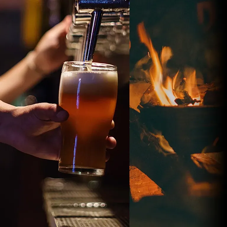 A beer being poured beside a wood fire at Crosscut Warming Hut No. 5 in Bend