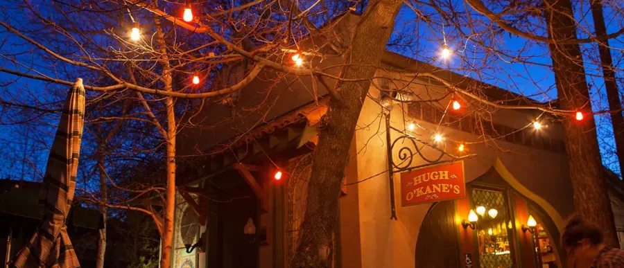 String lights over O’Kanes at McMenamins Old St. Francis School in Bend at night