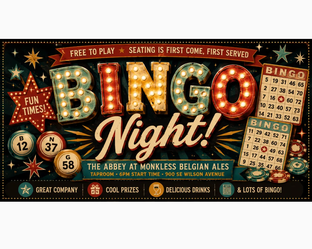 Bingo Night poster from The Abbey at Monkless Belgian Ales