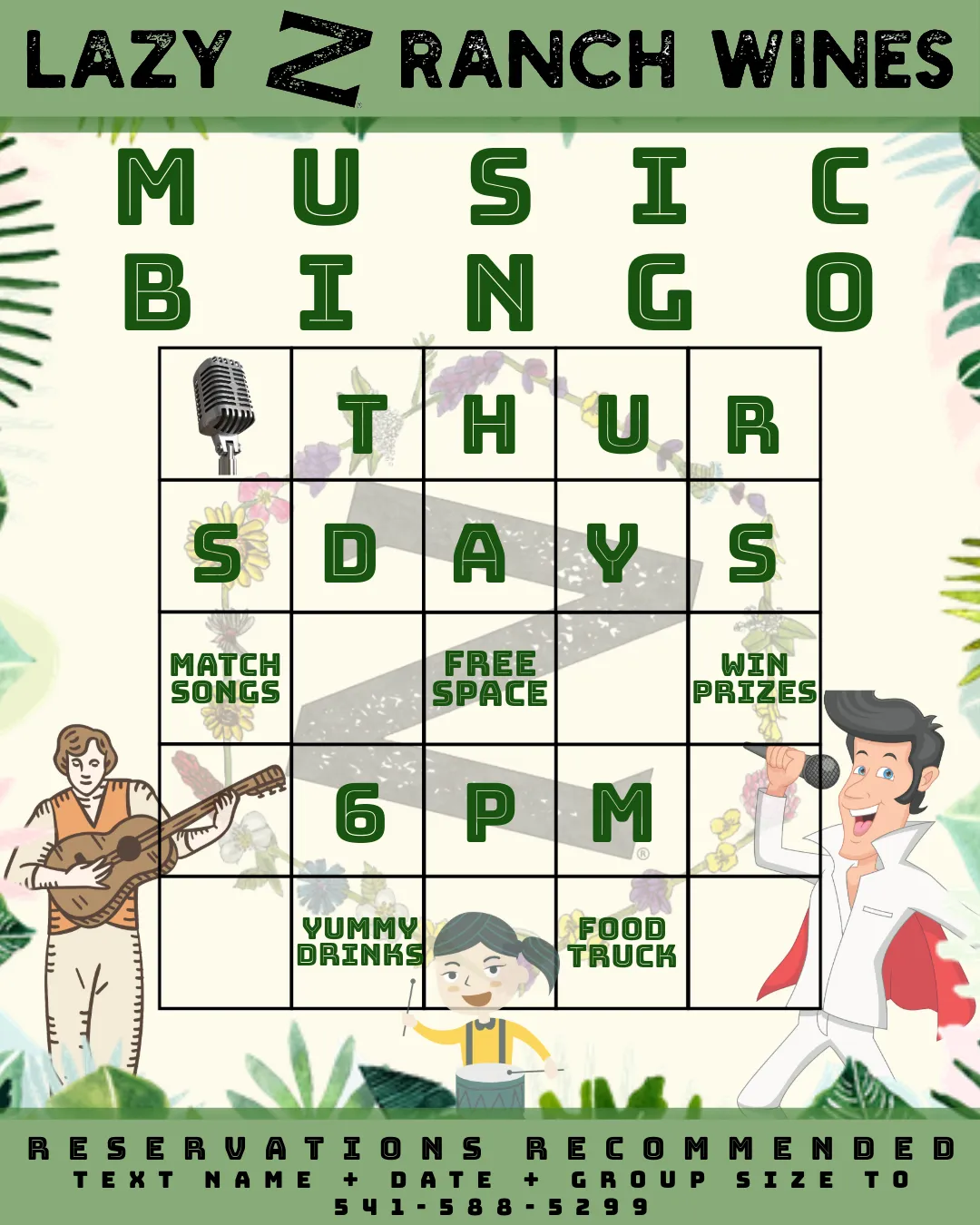 Music Bingo Thursdays poster from Lazy Z Ranch Wines in Sisters