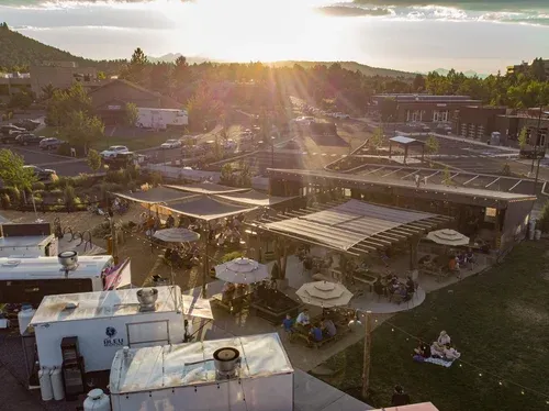 Aerial view of the On Tap food cart lot and beer garden in Bend