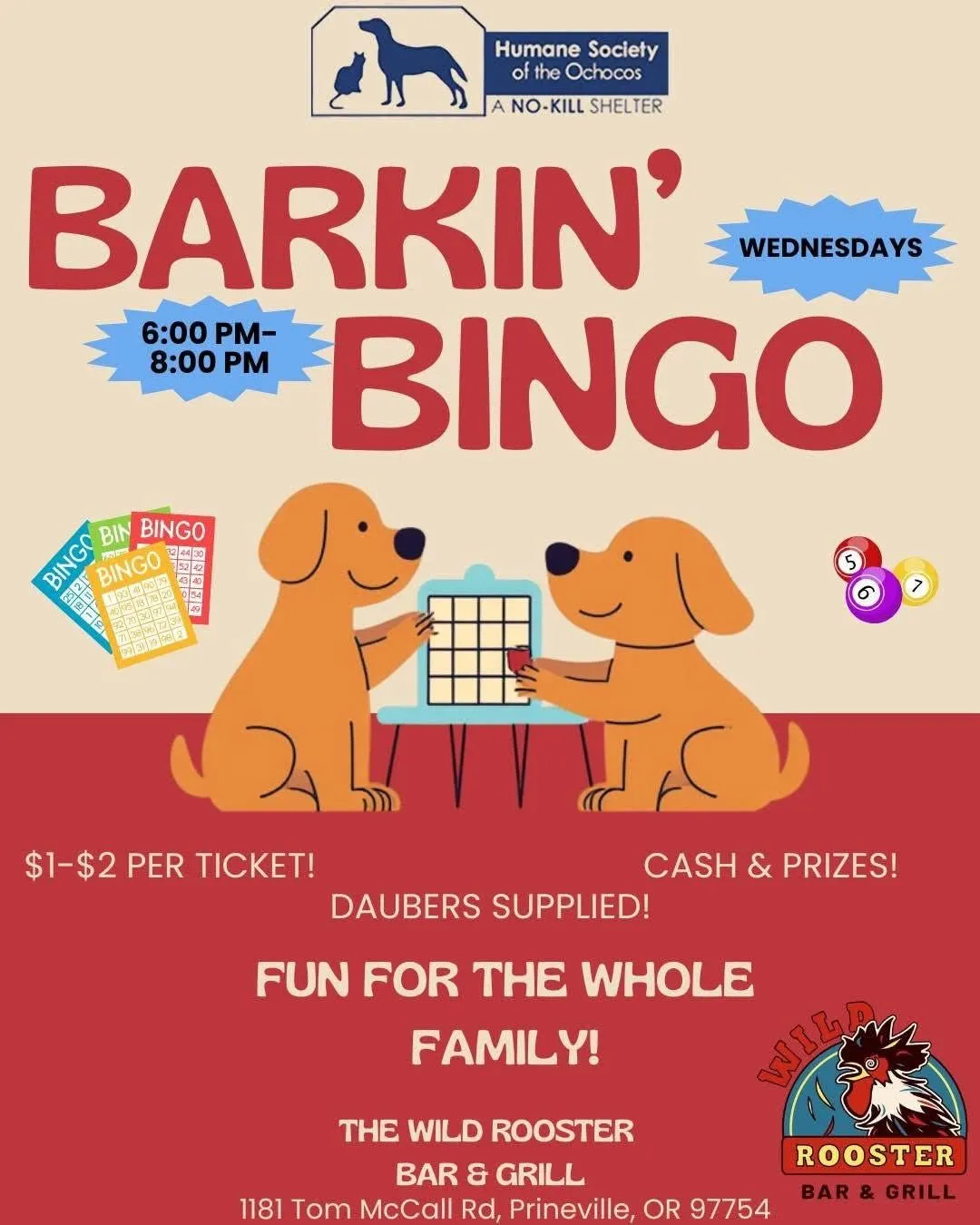 Barkin' Bingo poster for the Wild Rooster Bar & Grill in Prineville