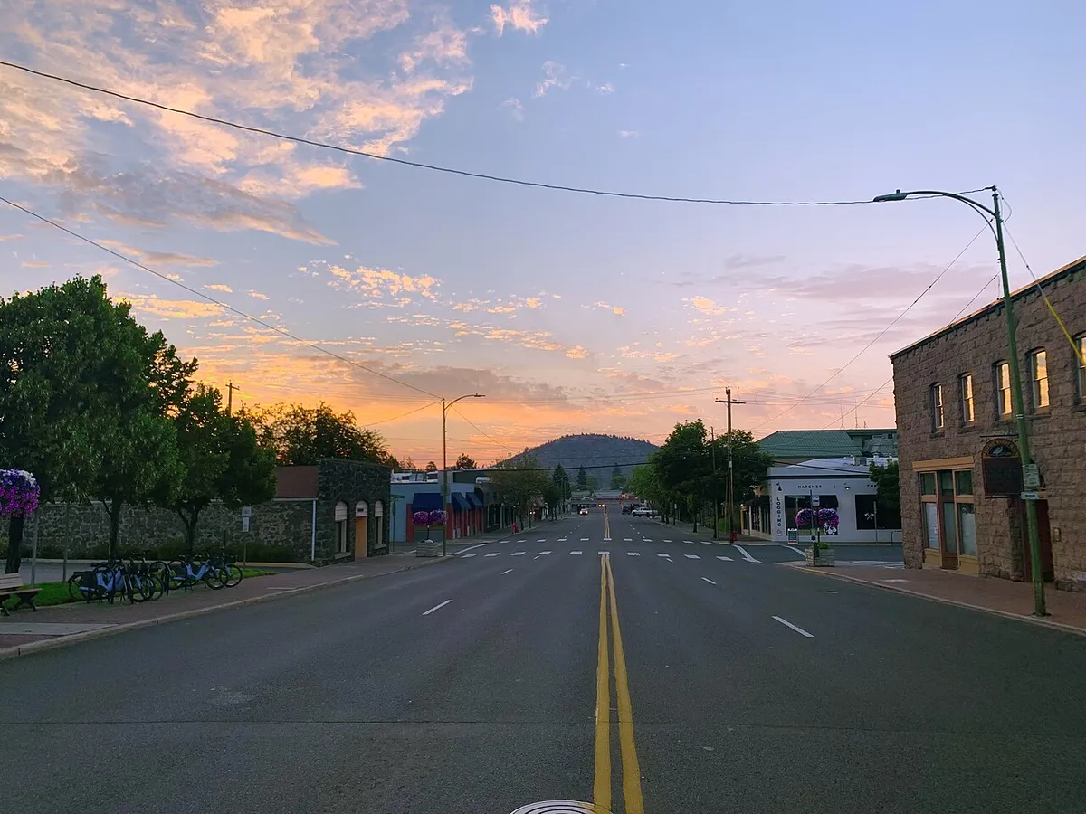 Downtown Bend at dusk looking east toward Pilot Butte