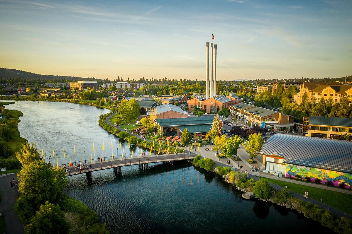 Aerial view of the Old Mill District and the Deschutes River in Bend