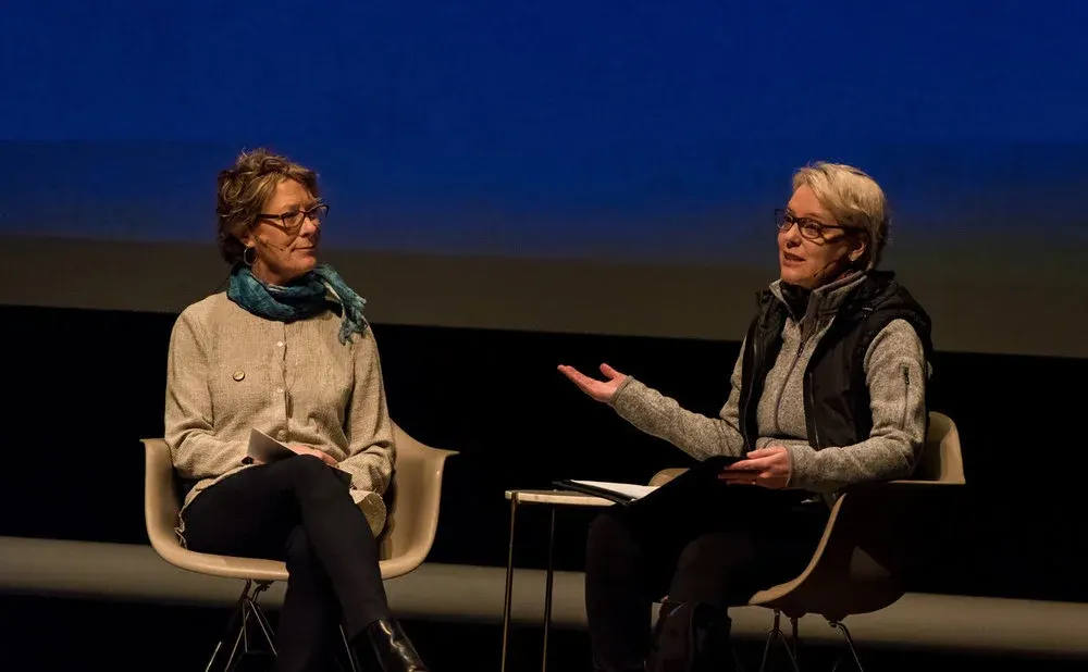 Ruth Williamson in conversation on stage at a community event