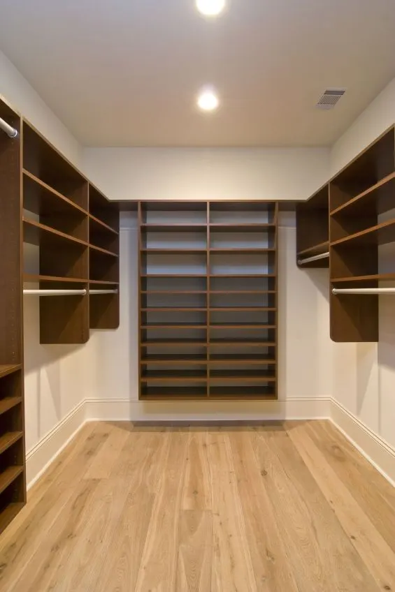 A walk-in closet with wood shelving by Johan Closet Solutions