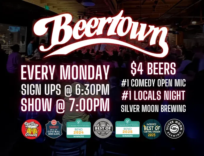 Beertown Comedy flyer for the Monday open mic at Silver Moon Brewing