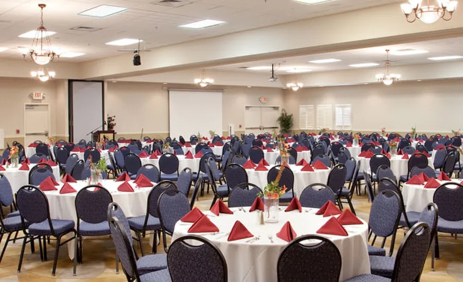 A ballroom set with round tables at the Eagle Crest conference center in Redmond