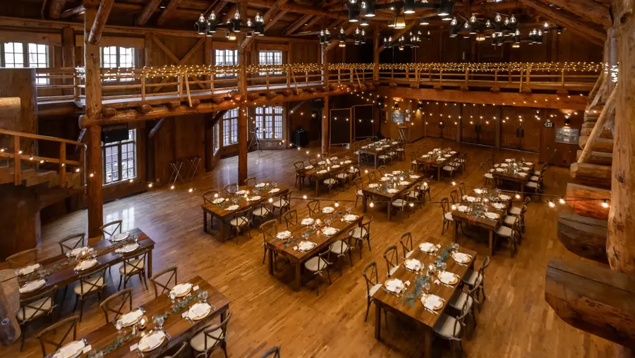 The timber-beamed Great Hall set for a group dinner at Sunriver Resort