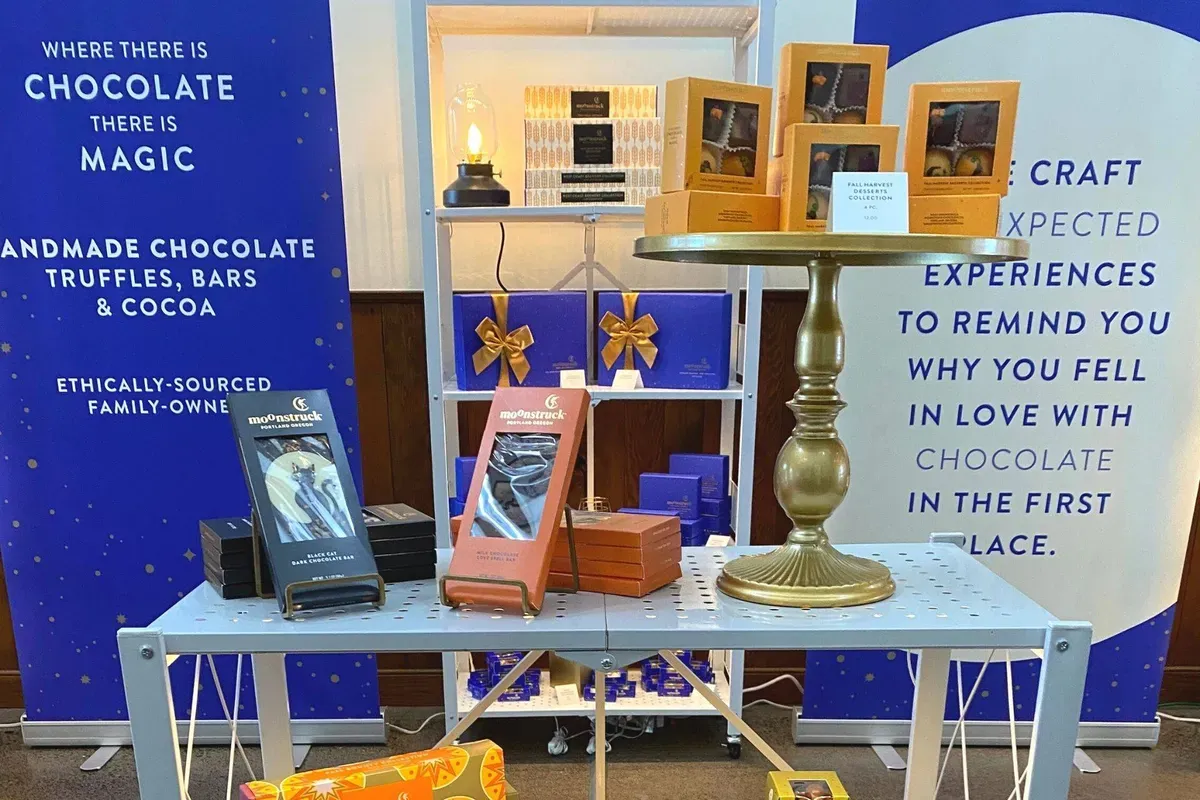 Chocolate displays inside the Moonstruck Chocolate pop-up shop at the Box Factory