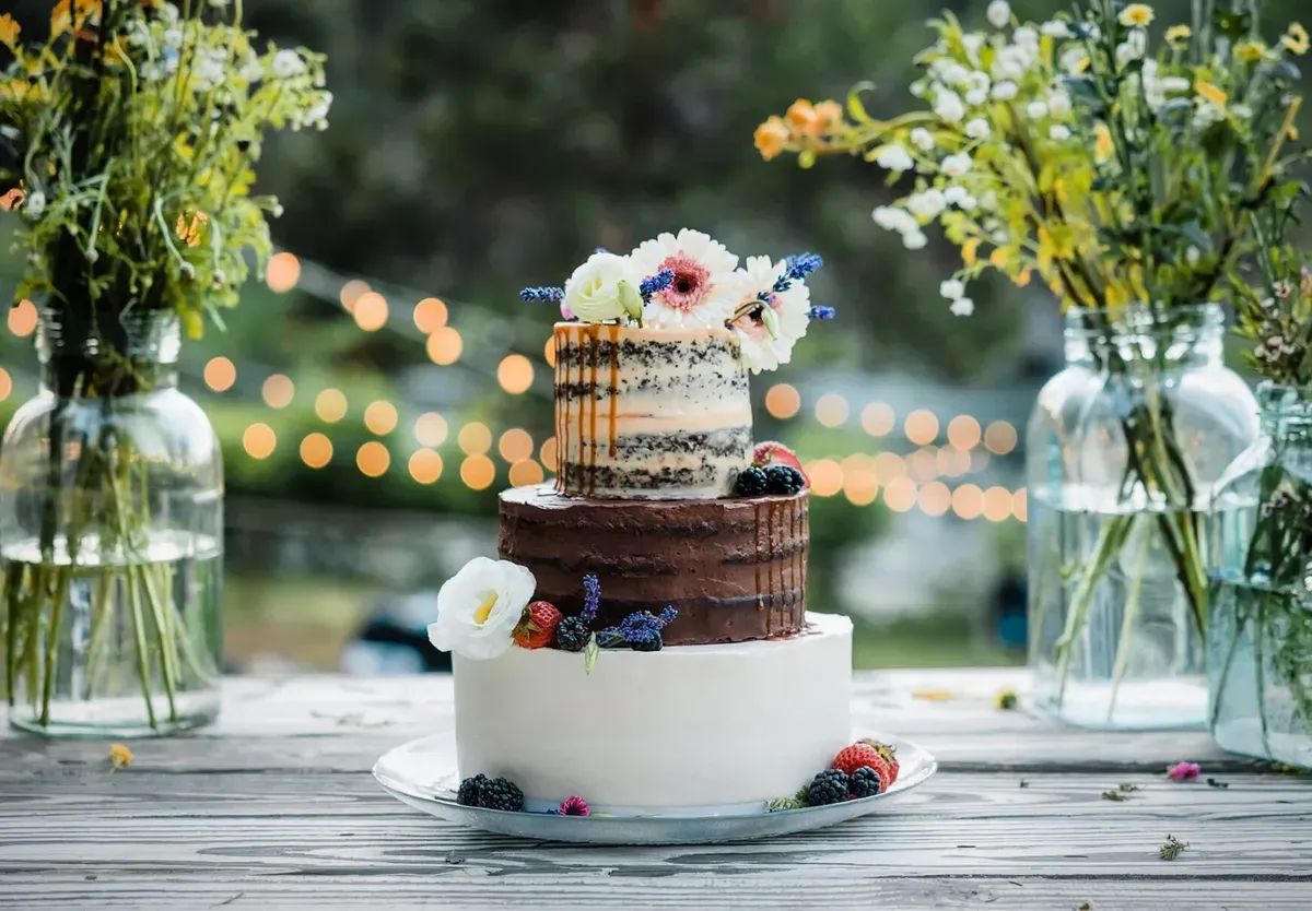 A layered chocolate cake with flowers at an outdoor party