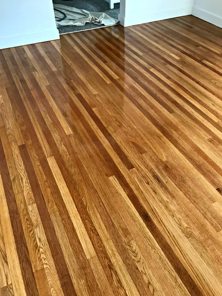 Refinished fir floor with a warm amber finish, by HDH Flooring
