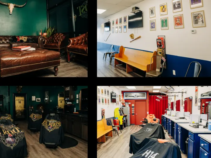 Collage of The Roost Barber Co. interiors in Bend: leather sofas, barber chairs and a red-and-blue shop floor
