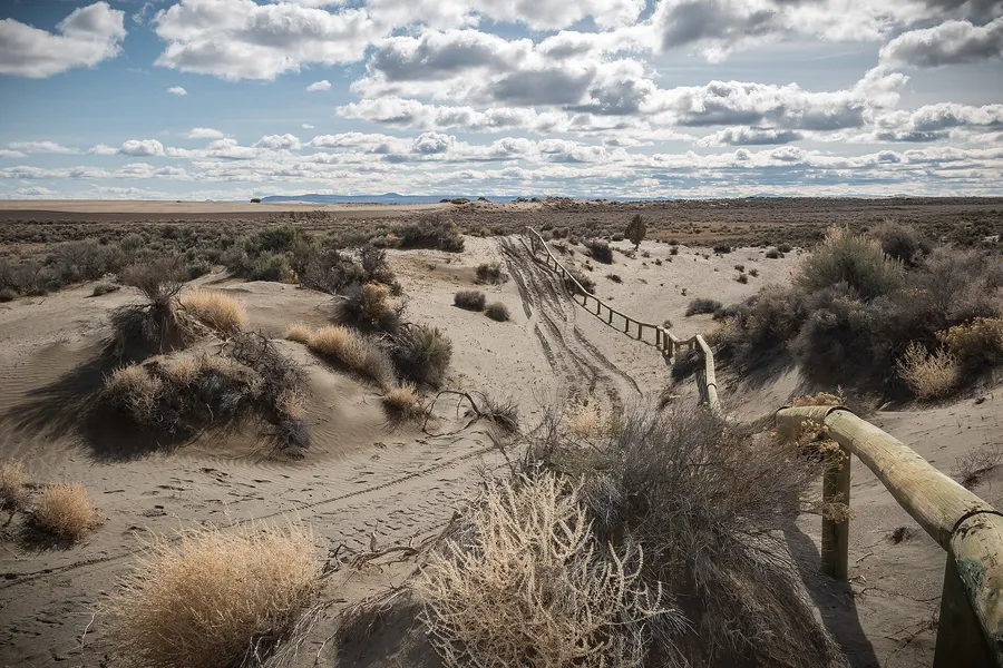 An OHV trail through sand dunes and sagebrush at Christmas Valley under a cloudy sky
