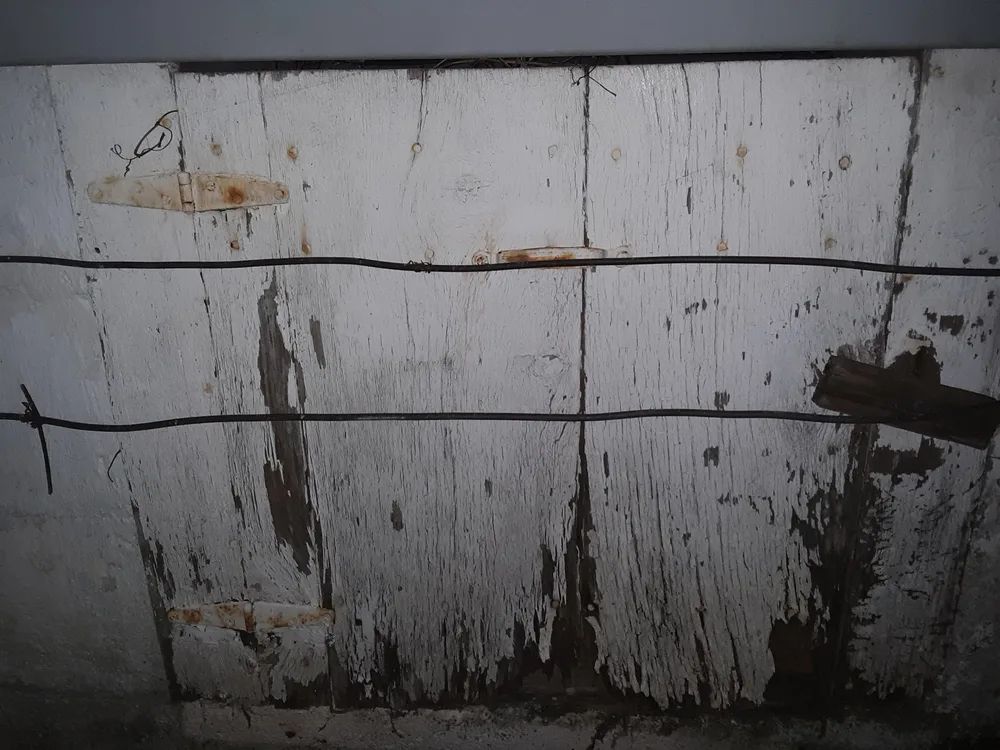 Damaged crawl space access panel at the base of a house