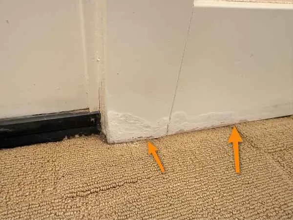 Swollen white baseboard next to an exterior door on carpet
