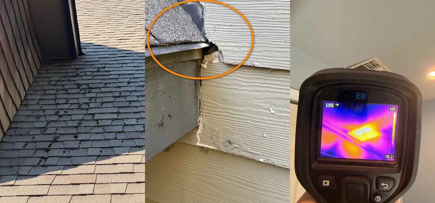 Three photos from a Bend home inspection report: moss on a shaded shingle roof, a gap where a roof edge meets siding with no kick-out flashing, and a thermal camera checking a heating vent