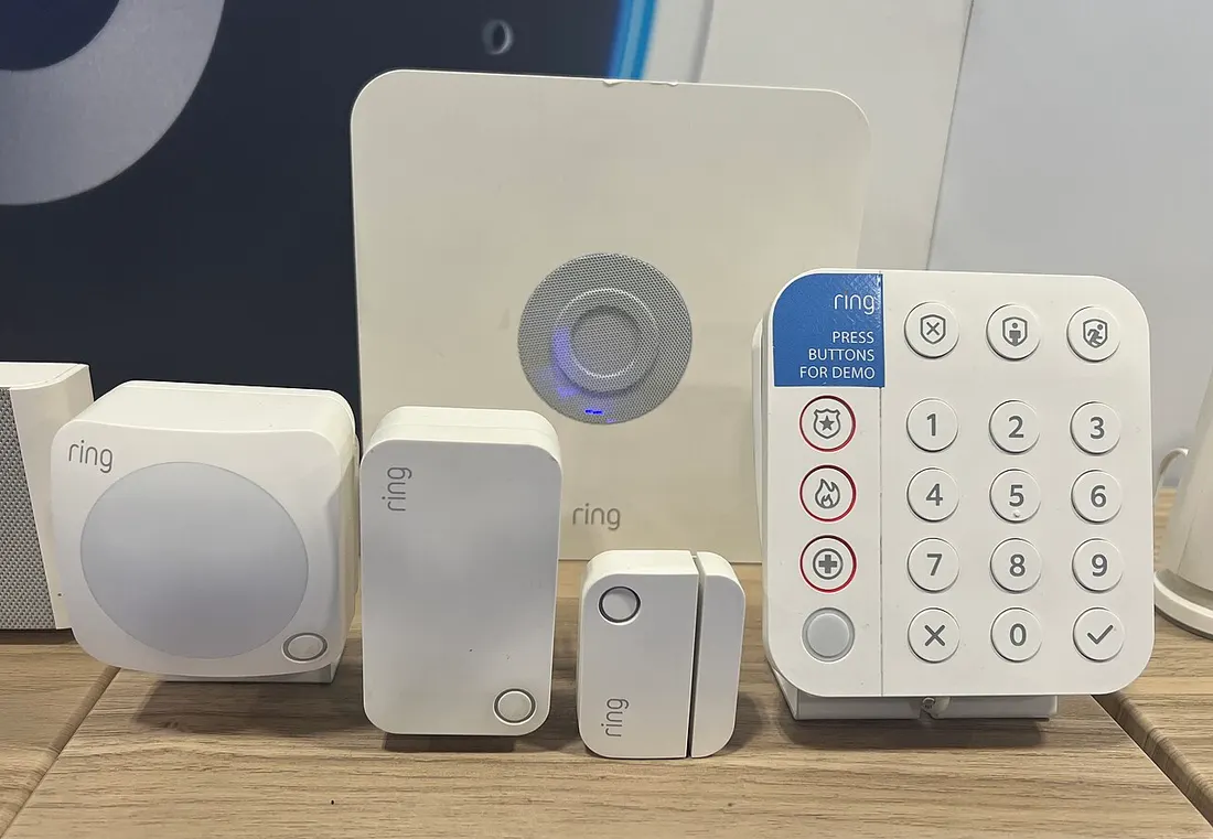 A Ring Alarm kit: base station, keypad, motion detector and door sensors