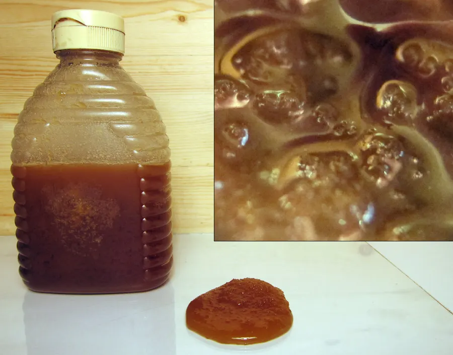 A plastic jar of dark honey beside a spoonful of set, crystallized honey, with a magnified inset of the sugar crystals