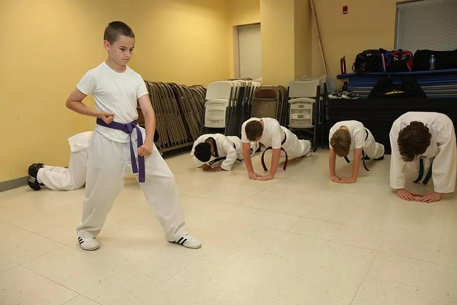 A boy in a white uniform and purple belt holds a stance while classmates do push-ups in a martial arts class