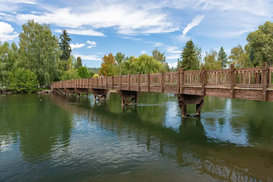 The wooden footbridge across Mirror Pond at Drake Park