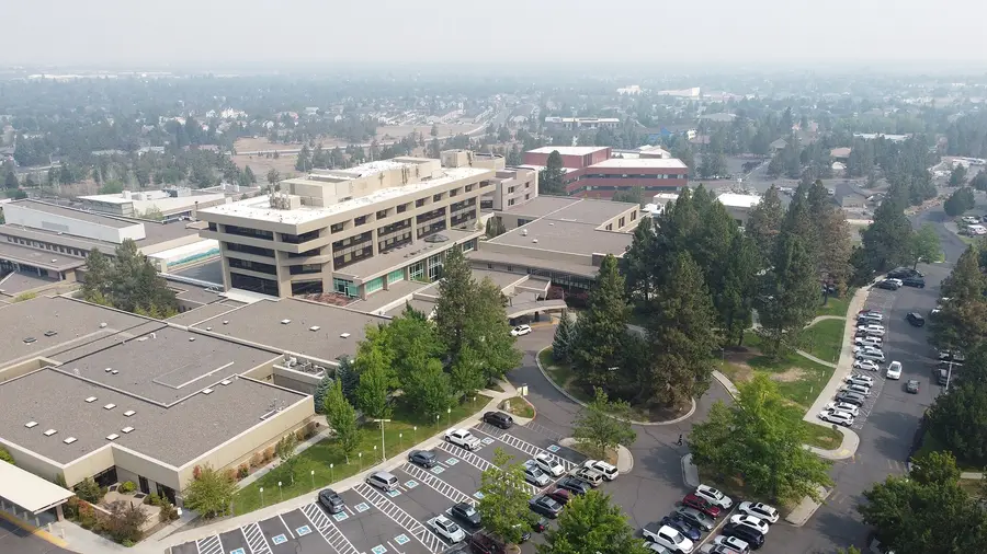 Aerial view of the St. Charles Bend hospital campus on the east side