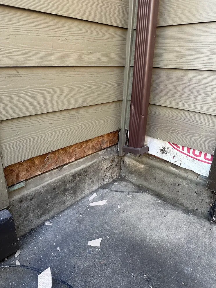 Bottom course of siding removed to expose OSB sheathing just above a concrete foundation, next to a downspout in the corner