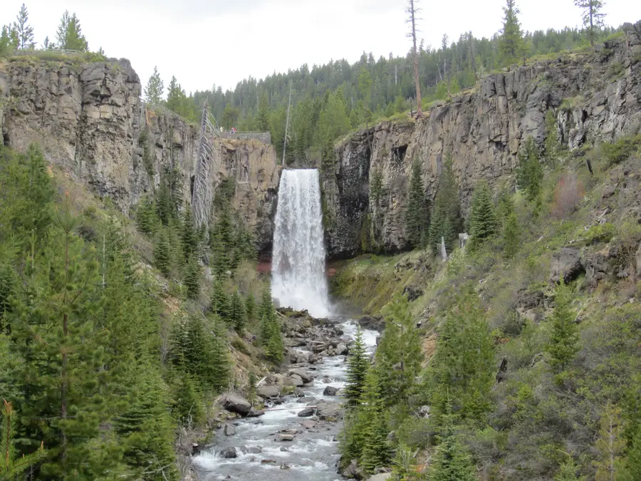 Tumalo Falls pouring into a forested canyon west of Bend