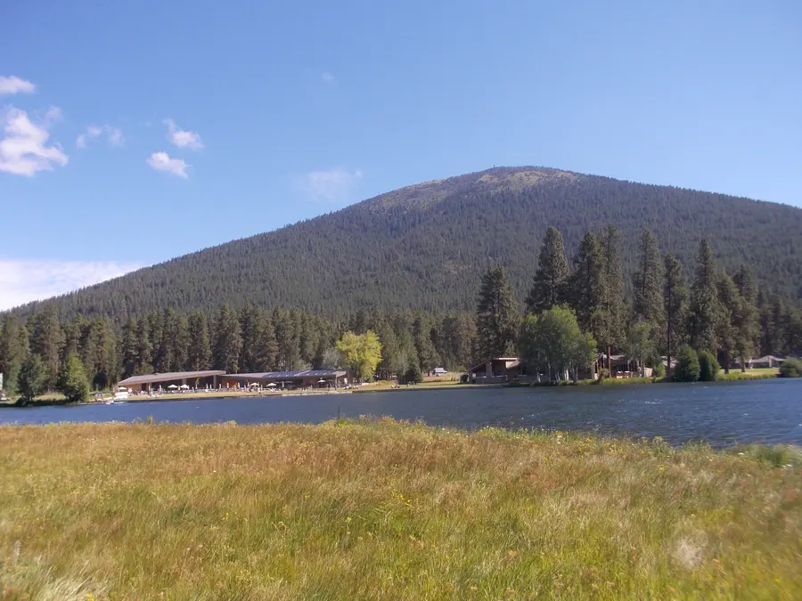 Phalarope Lake at Black Butte Ranch with the lodge on the shore below Black Butte