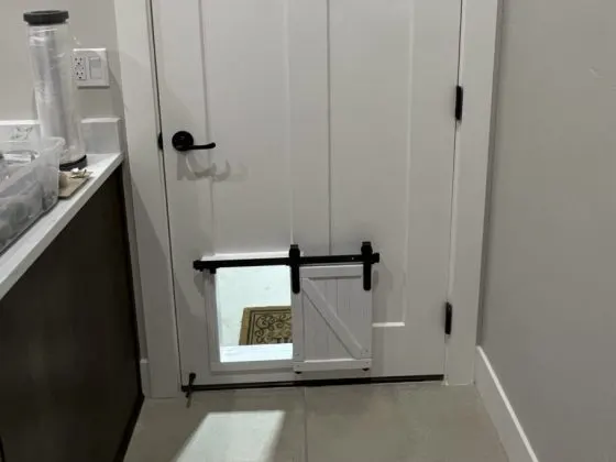 A pet door installed in a white interior door by Songster Handyman Services