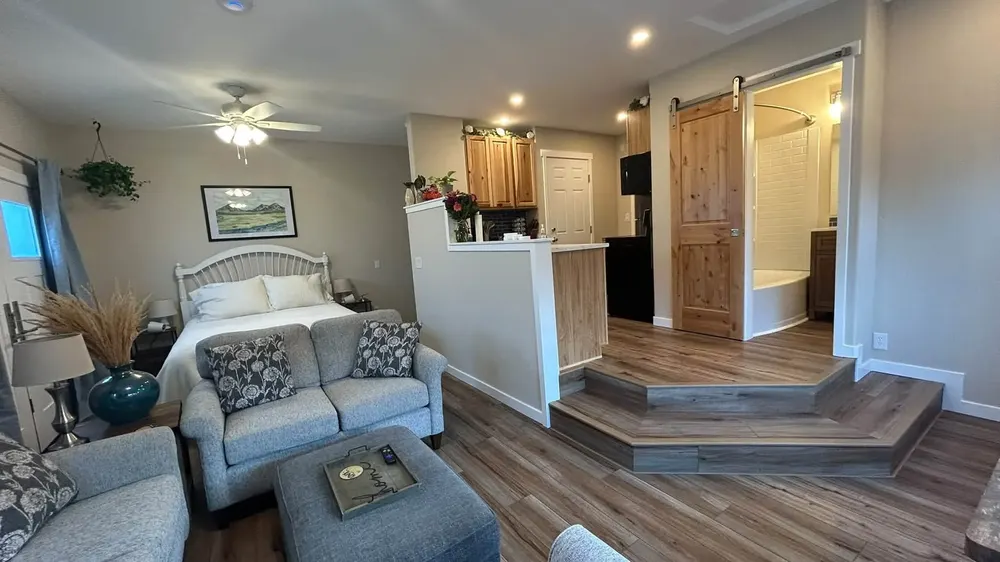 A freshly turned over rental living room with new flooring