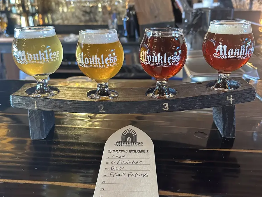 A flight of craft beer at a Bend, Oregon brewery