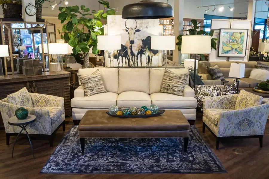 Sofas, rugs and art on the showroom floor at Haven Home Style in downtown Bend