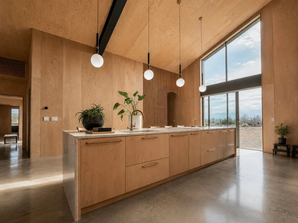 Bright white oak kitchen with a long island and tall windows, built by Deschutes River Cabinet & Closet in Bend