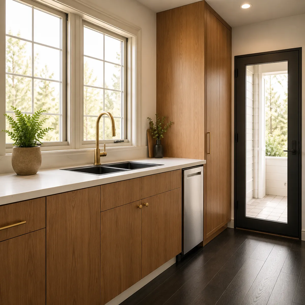 Warm wood kitchen cabinets with a brass faucet by Manup Construction