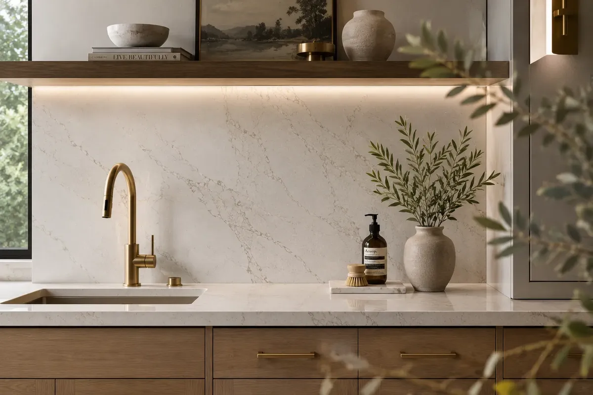 Quartz backsplash and brass faucet from Northwest Tile Supply