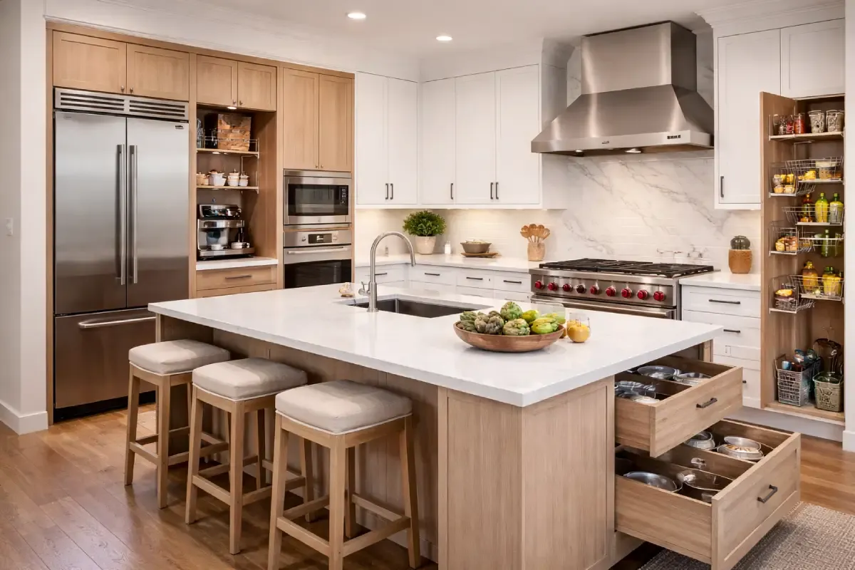 Wood and white kitchen with a large island and pull-out pantry by Simpson Construction