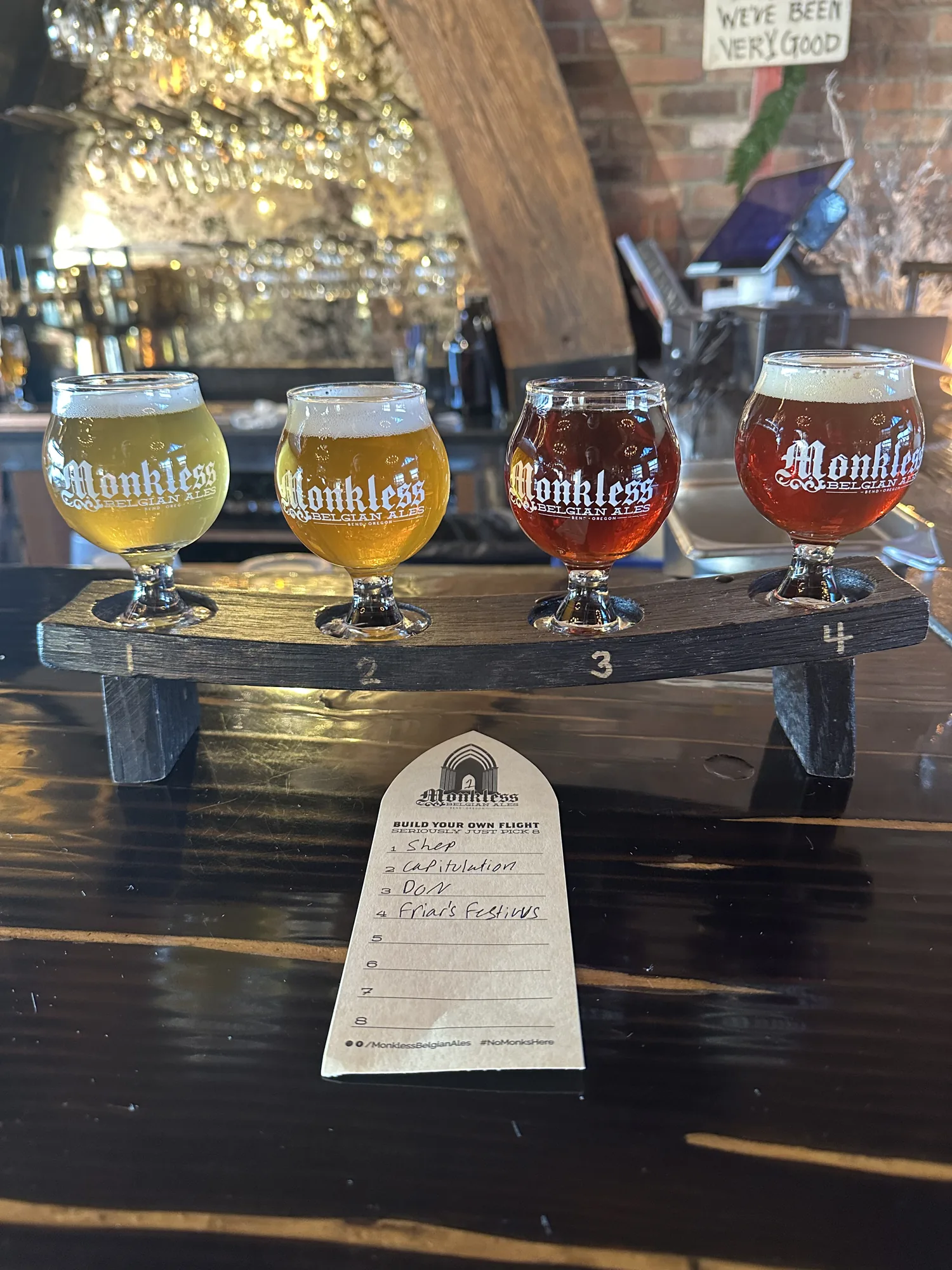 Four glasses of craft beer on a table in Bend, Oregon