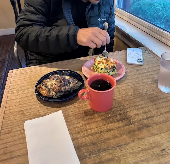 Breakfast at Nancy P's Cafe & Bakery in Bend, Oregon: quiche, a savory pastry and coffee