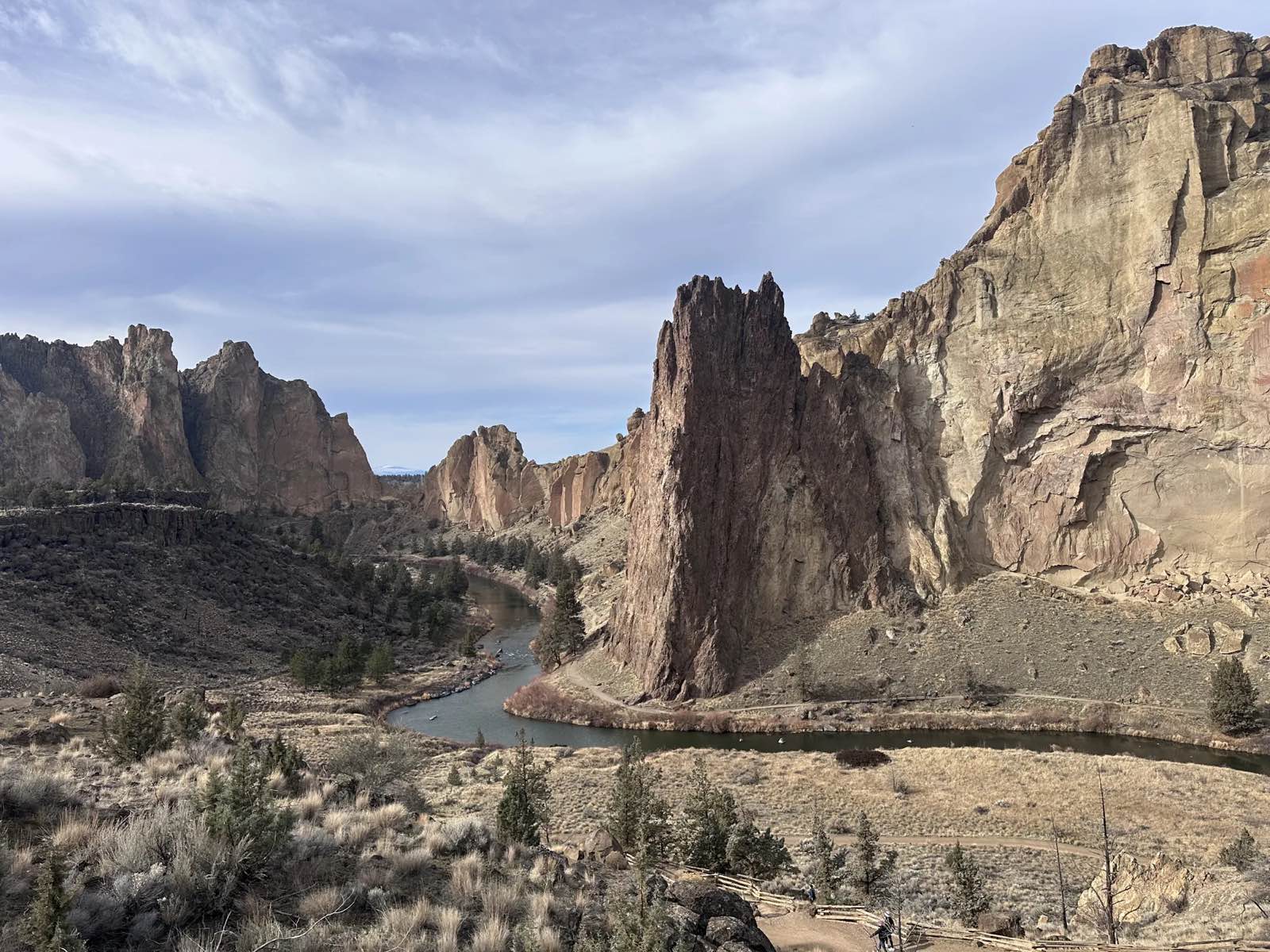 Smith Rock's towers and the Crooked River canyon under a winter sky