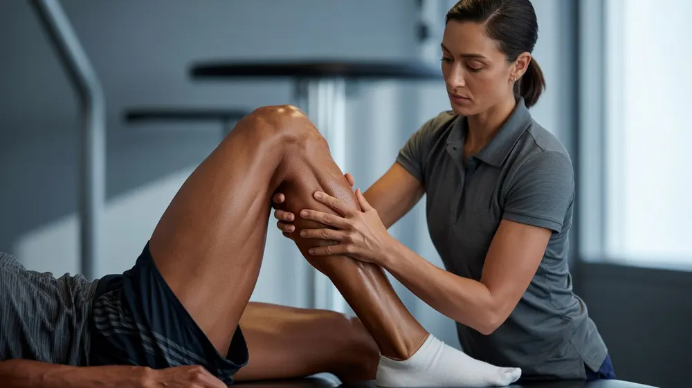 A therapist working on a runner’s calf