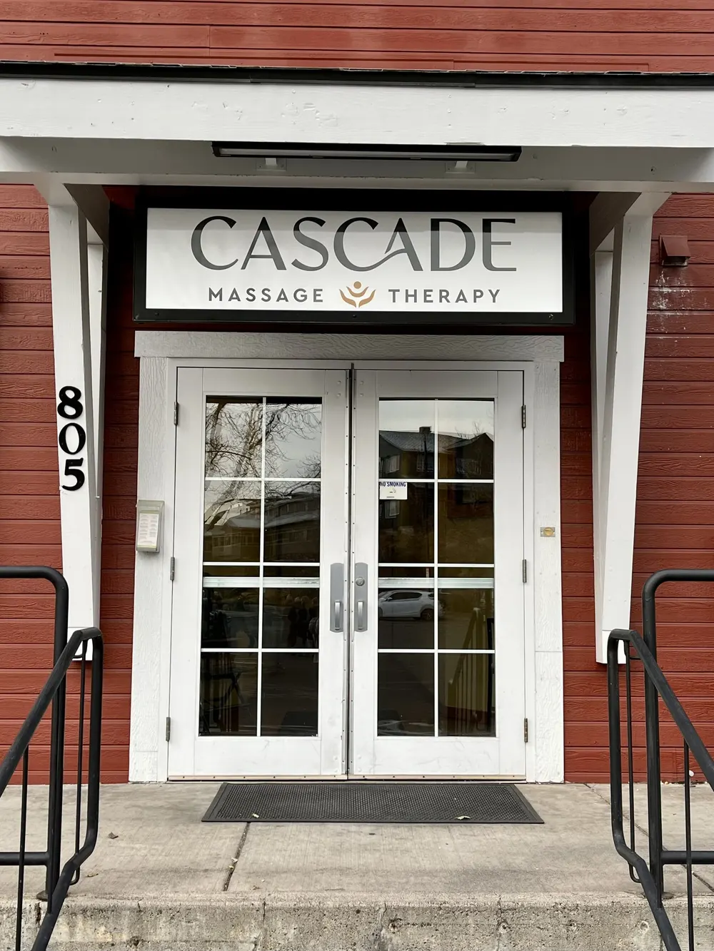 The front door of Cascade Massage Therapy near the Old Mill