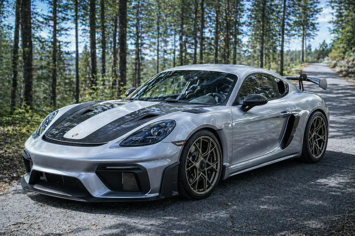 A silver Porsche Cayman parked in a pine forest