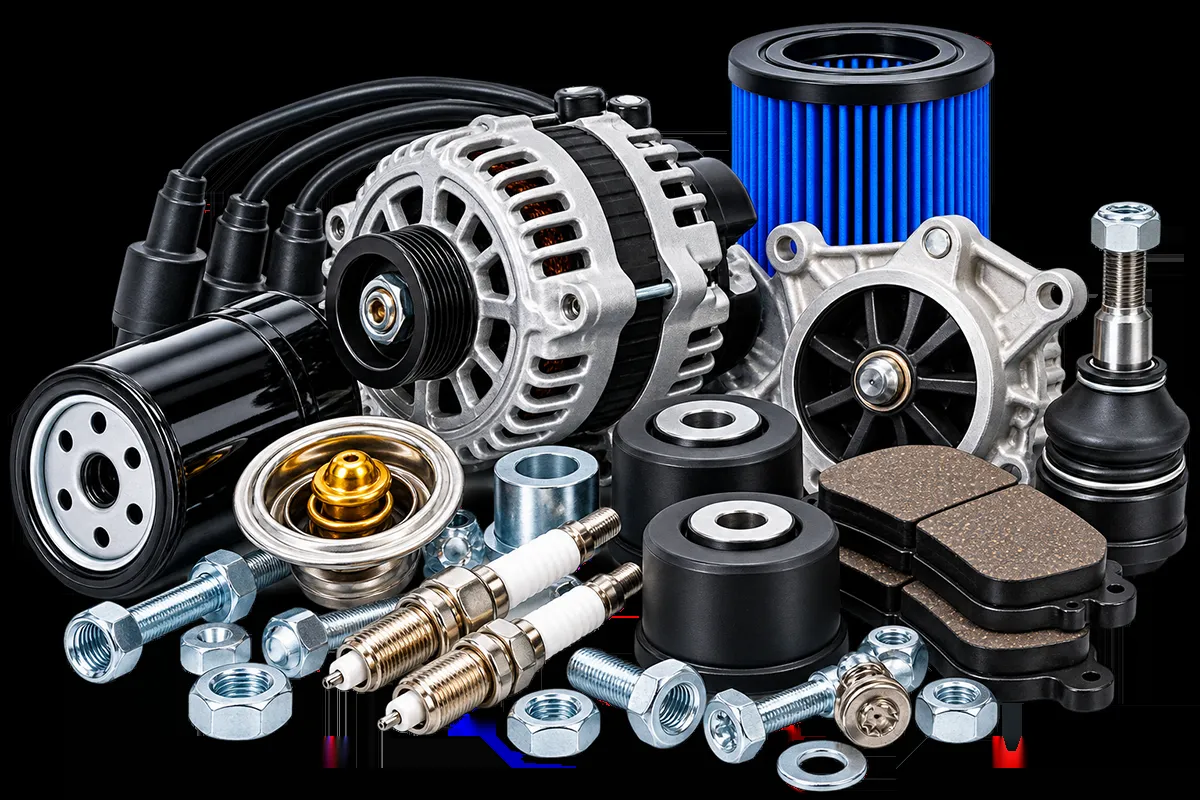 Auto parts including filters, brakes and an alternator at Elite Fleet Automotive