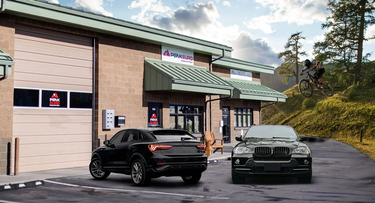 Peak Euro's shop in Bend with European cars parked out front