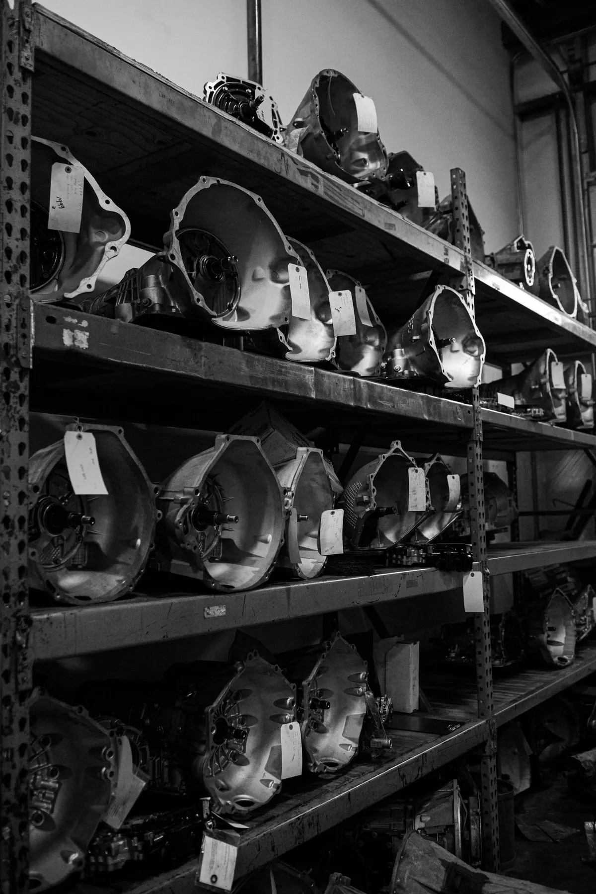 Transmission and drivetrain parts on shelves at Torque n Bend
