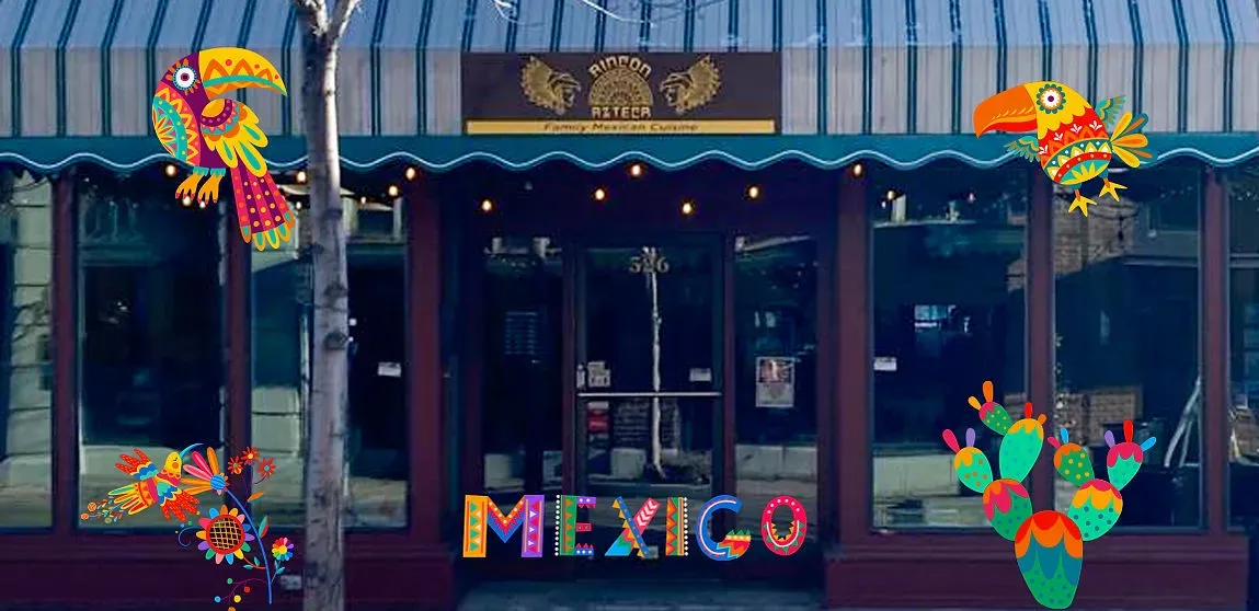 The colorful painted front of Rincon Azteca with Mexico in big letters