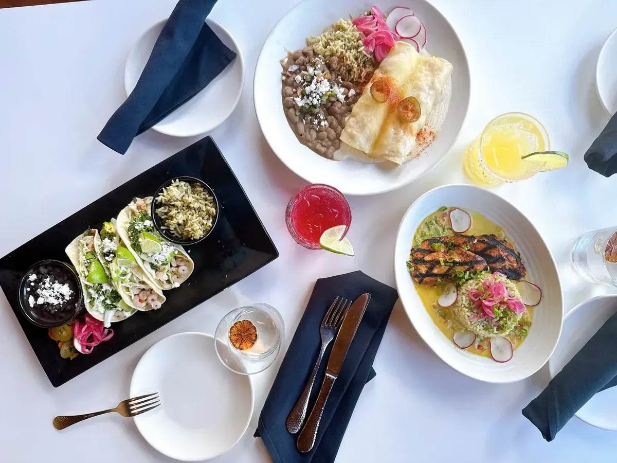 Tacos, ceviche and cocktails on a table at Rio Sol Latin Kitchen in Sunriver